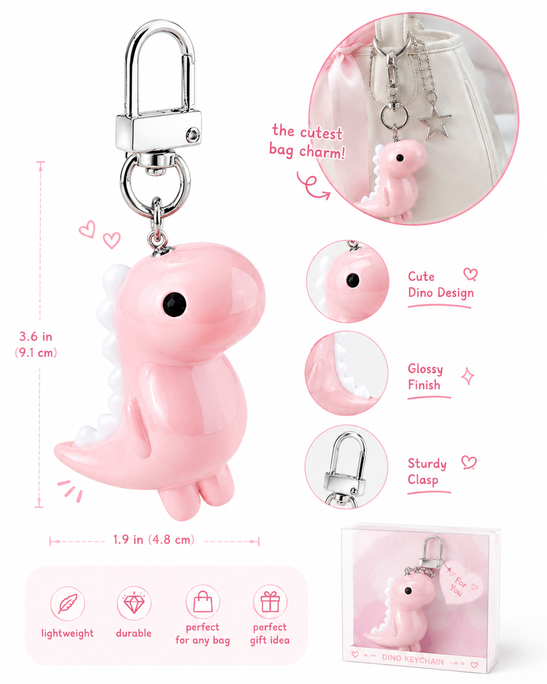 Dino Pink Bag Charm